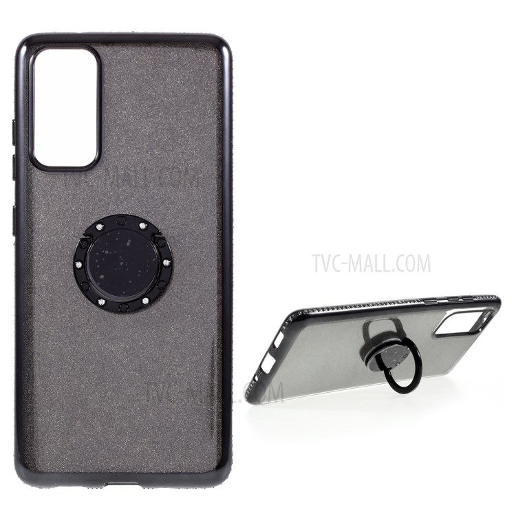 Shiny Powder Electroplating TPU Rhinestone Decor Cover with Metal Kickstand for Samsung Galaxy S20 FE/S20 Fan Edition/S20 FE 5G/S20 Fan Edition 5G/S20 Lite - Black-1