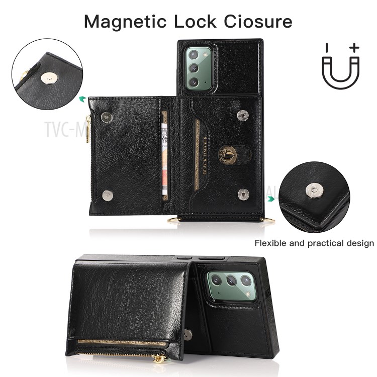 Leather Zippered Wallet Phone Protective Case with Shoulder Strap for Samsung Galaxy Note 20/Note 20 5G - Black-11