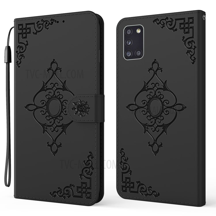 Wallet Leather Phone Protector with Symmetrical Pattern Imprinting for Samsung Galaxy A31 - Black-1