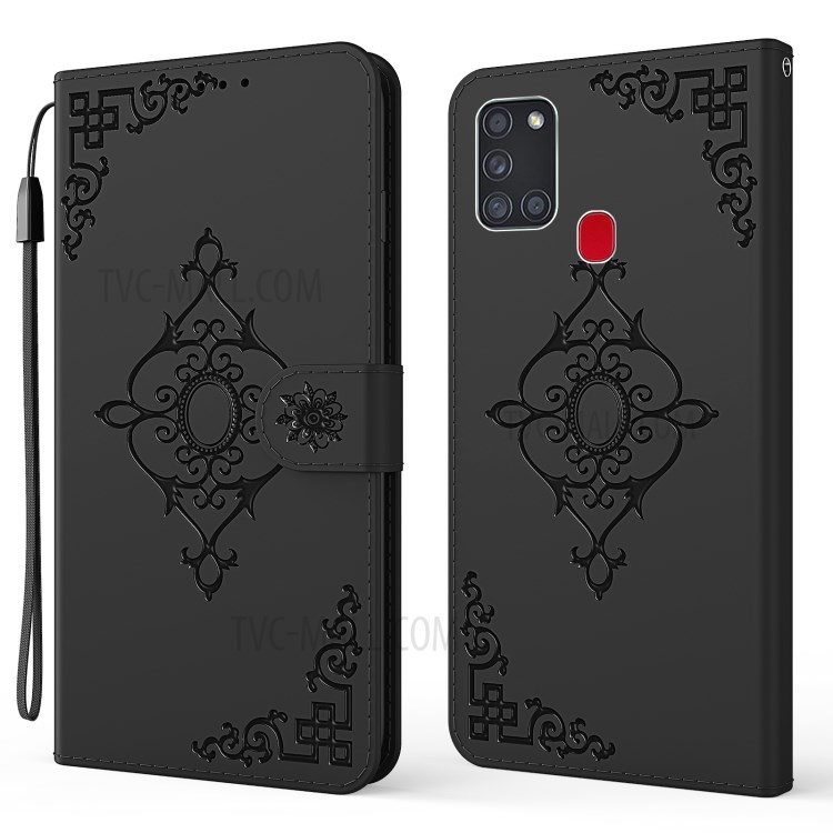 Wallet Leather Phone Protector with Symmetrical Pattern Imprinting for Samsung Galaxy A21s - Black-1