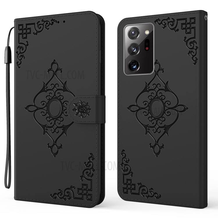 Wallet Leather Phone Stand Protector with Symmetrical Pattern Imprinting for Samsung Galaxy Note20 Ultra/Note20 Ultra 5G - Black-1