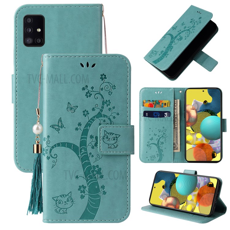 Imprint Lucky Tree Wallet Stand Leather Casing for Samsung Galaxy A51 SM-A515 - Green-1