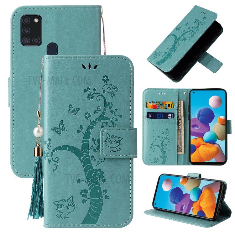 Imprint Lucky Tree Leather Wallet Cover for Samsung Galaxy A21s - Green-1