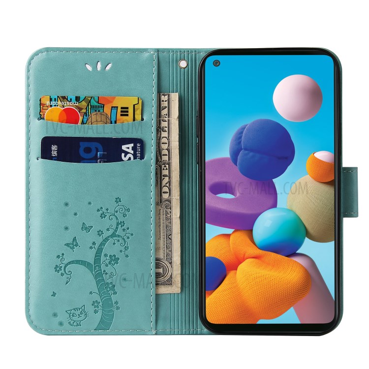 Imprint Lucky Tree Leather Wallet Cover for Samsung Galaxy A21s - Green-3