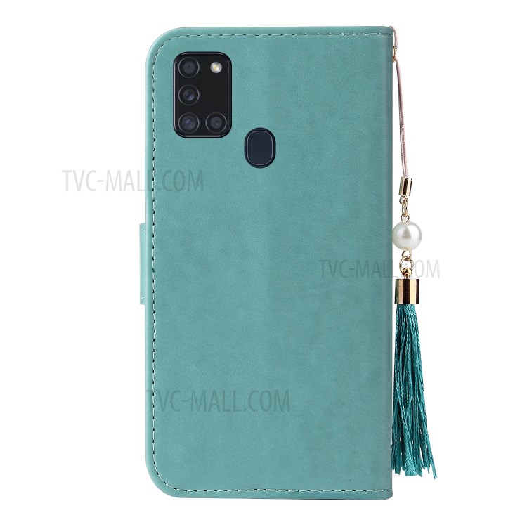 Imprint Lucky Tree Leather Wallet Cover for Samsung Galaxy A21s - Green-5