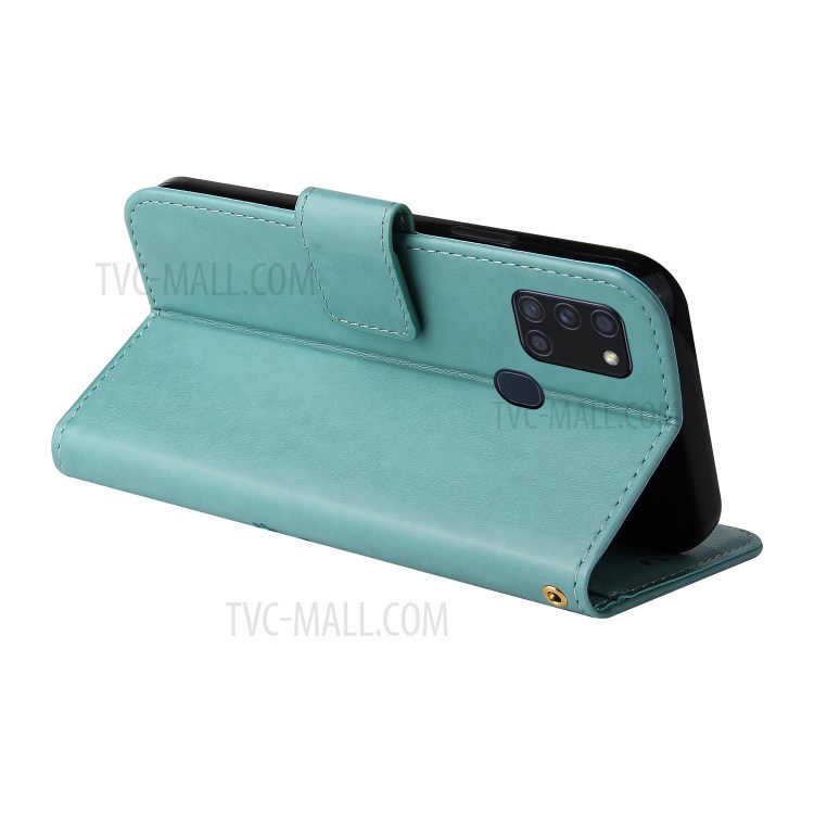 Imprint Lucky Tree Leather Wallet Cover for Samsung Galaxy A21s - Green-6
