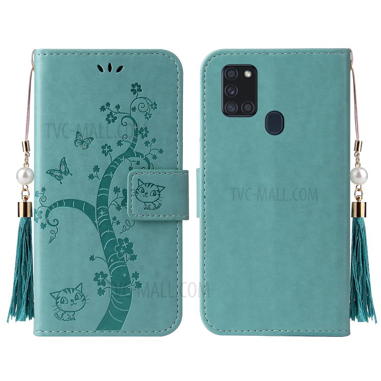 Imprint Lucky Tree Leather Wallet Cover for Samsung Galaxy A21s - Green-7
