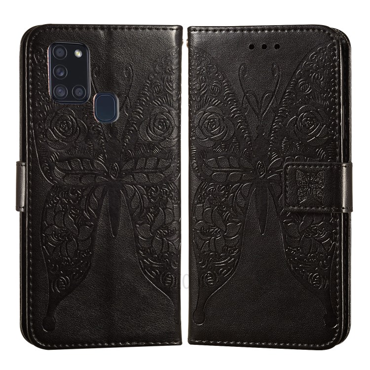 Flowers Butterfly Imprinting Leather Wallet Stand Phone Case for Samsung Galaxy A21s - Black-1