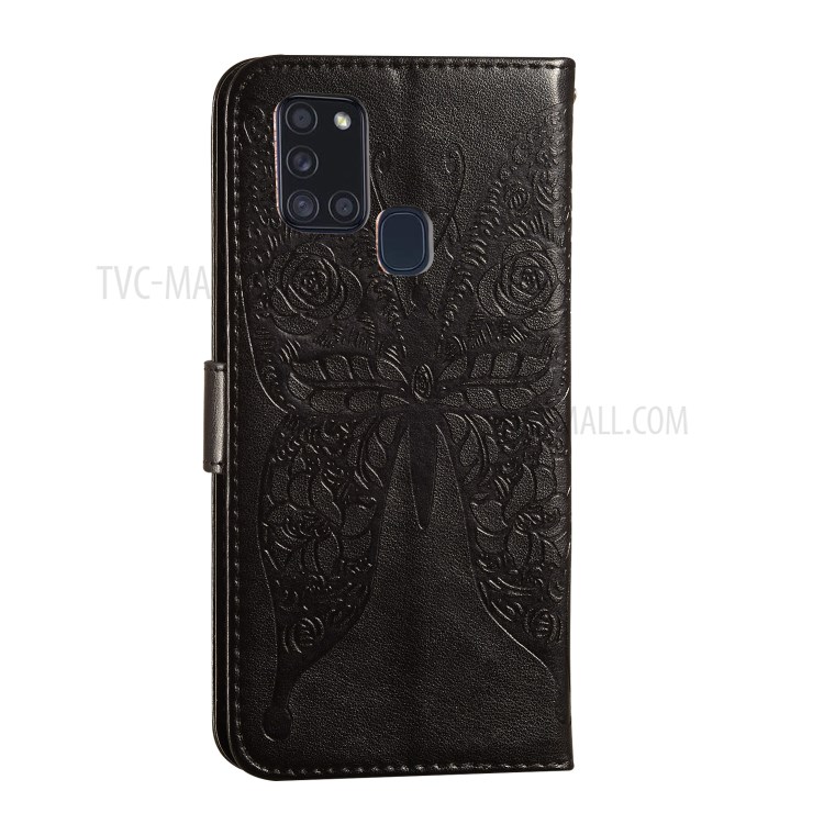 Flowers Butterfly Imprinting Leather Wallet Stand Phone Case for Samsung Galaxy A21s - Black-4