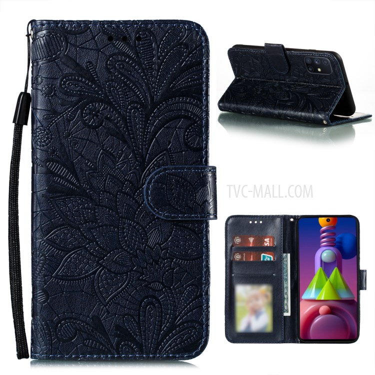 Lace Flowers Imprinting Leather Wallet Phone Cover Shell for Samsung Galaxy M51 (Side Fingerprint Version) - Blue-1