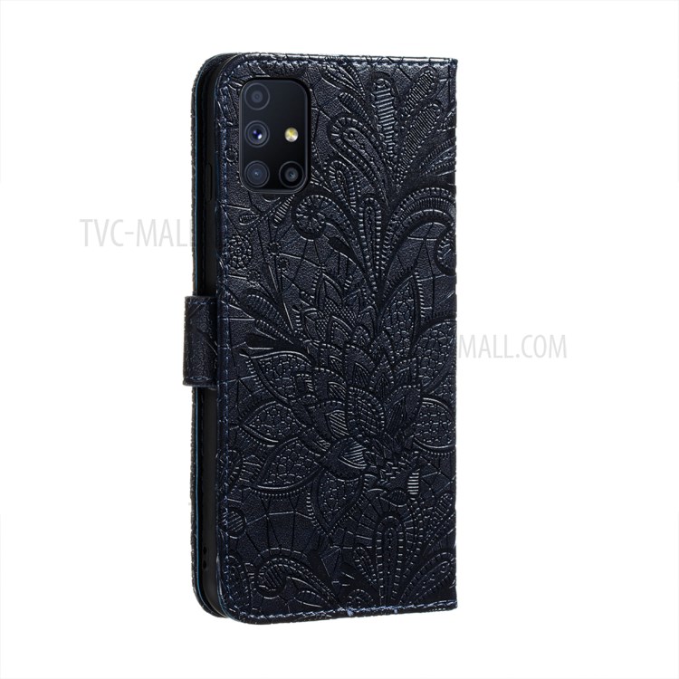 Lace Flowers Imprinting Leather Wallet Phone Cover Shell for Samsung Galaxy M51 (Side Fingerprint Version) - Blue-3