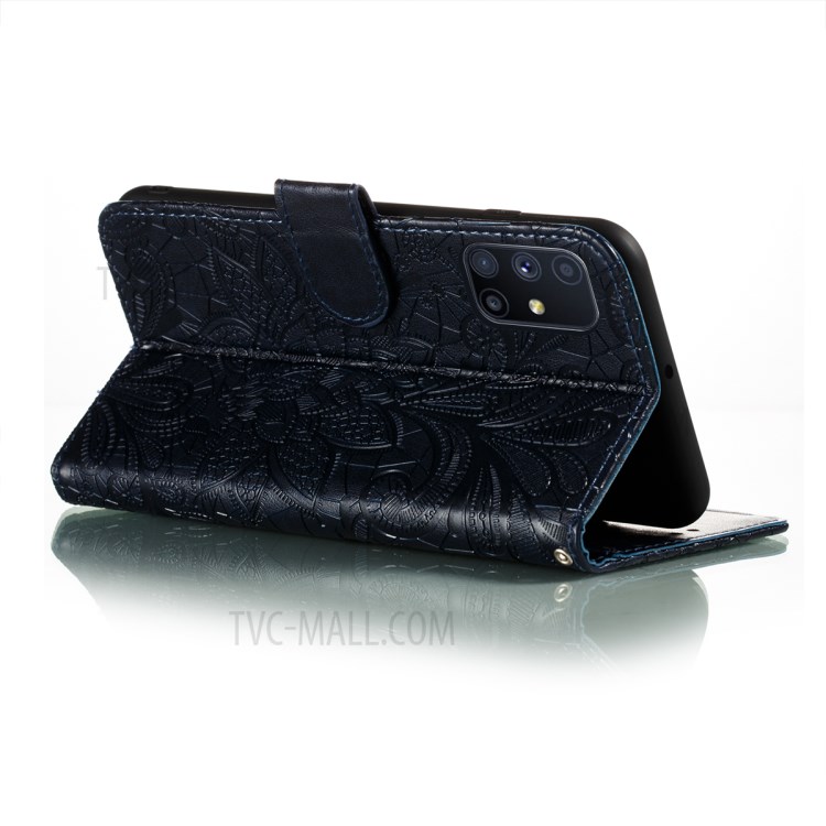 Lace Flowers Imprinting Leather Wallet Phone Cover Shell for Samsung Galaxy M51 (Side Fingerprint Version) - Blue-6