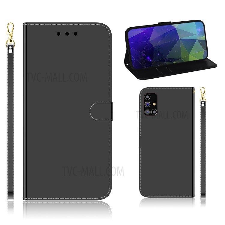 Mirror-like Surface Leather Case with Wallet + Stand + Wrist Strap for Galaxy M31s - Black-1