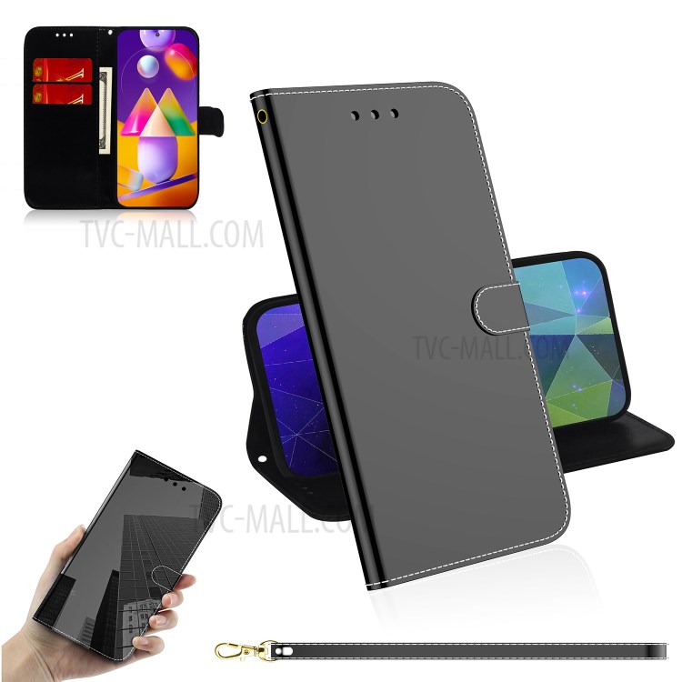 Mirror-like Surface Leather Case with Wallet + Stand + Wrist Strap for Galaxy M31s - Black-10