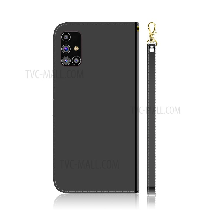 Mirror-like Surface Leather Case with Wallet + Stand + Wrist Strap for Galaxy M31s - Black-2