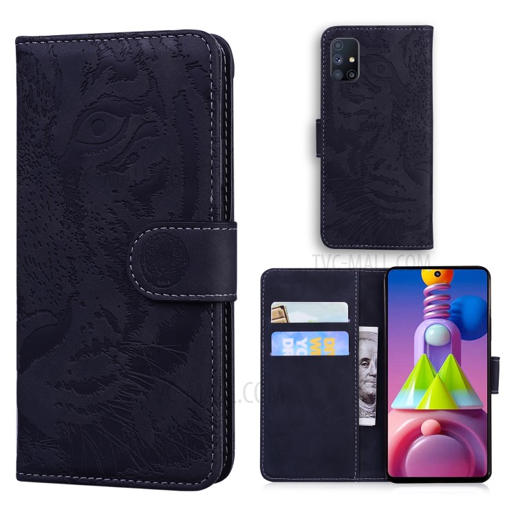 Imprinted Tiger Face Leather Wallet Stand Phone Case with for Samsung Galaxy M51 (Side Fingerprint Version) - Black-1