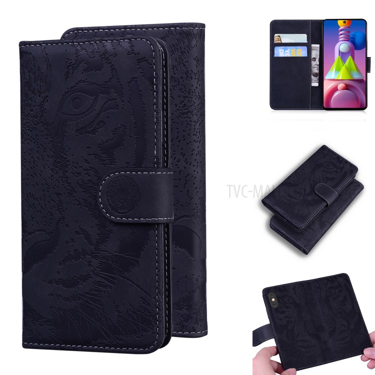 Imprinted Tiger Face Leather Wallet Stand Phone Case with for Samsung Galaxy M51 (Side Fingerprint Version) - Black-10