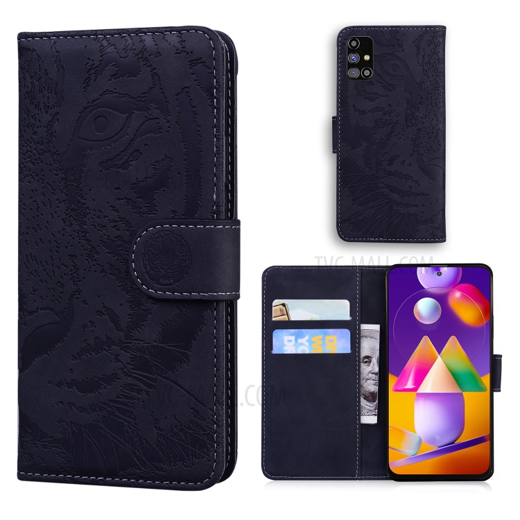 Tiger Face Imprinting Leather Phone Case with Wallet and Stand for Samsung Galaxy M31s - Black-1