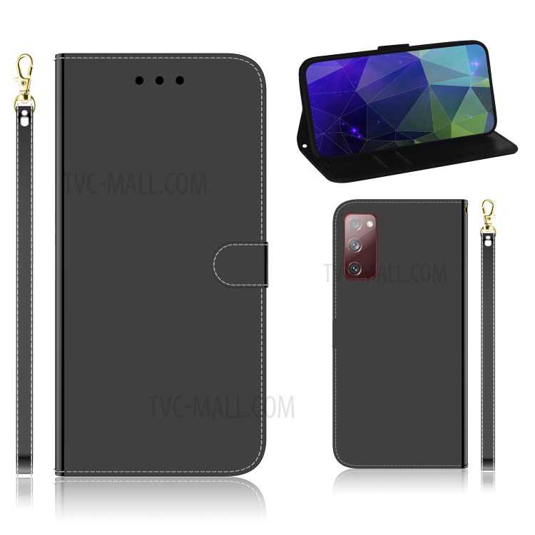 Leather Wallet Stand Case Mirror-like Surface with Wrist Strap for Samsung Galaxy S20 FE/S20 Fan Edition/S20 FE 5G/S20 Fan Edition 5G/S20 Lite - Black-1