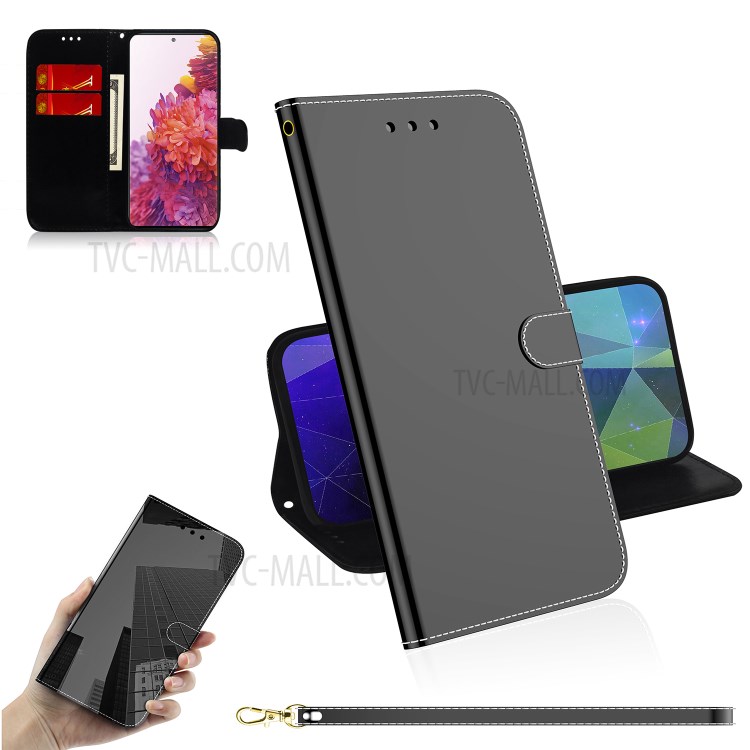Leather Wallet Stand Case Mirror-like Surface with Wrist Strap for Samsung Galaxy S20 FE/S20 Fan Edition/S20 FE 5G/S20 Fan Edition 5G/S20 Lite - Black-10