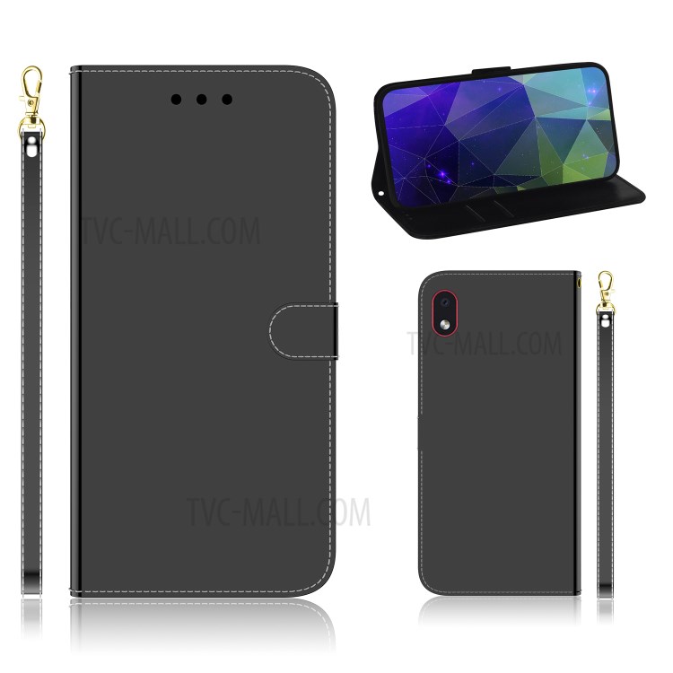 Mirror-like Surface Leather Wallet Stand Case with Wrist Strap for Samsung Galaxy A01 Core/M01 Core - Black-1