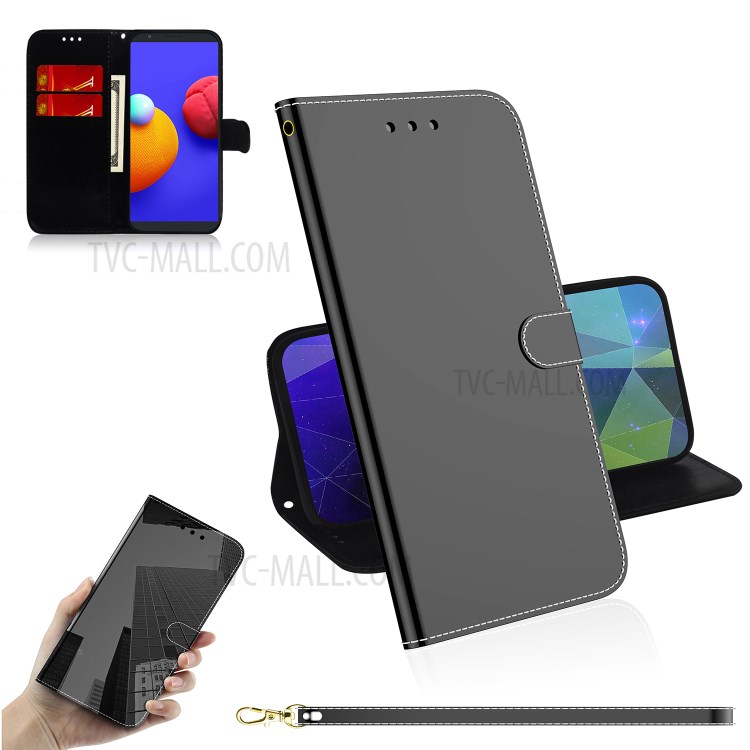 Mirror-like Surface Leather Wallet Stand Case with Wrist Strap for Samsung Galaxy A01 Core/M01 Core - Black-10