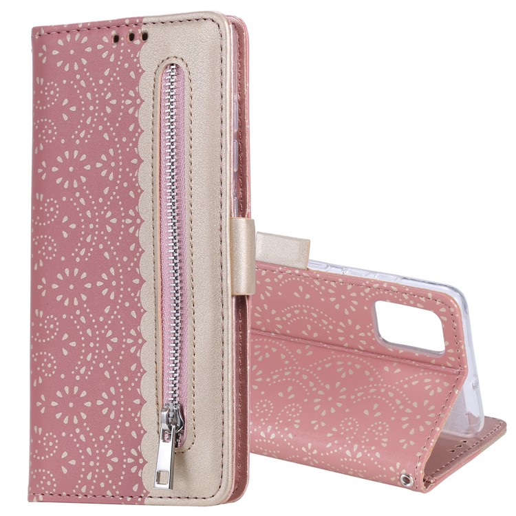 Lace Flower Skin Zipper Leather Cover for Samsung Galaxy S20 FE/S20 Fan Edition/S20 FE 5G/S20 Fan Edition 5G - Pink-2