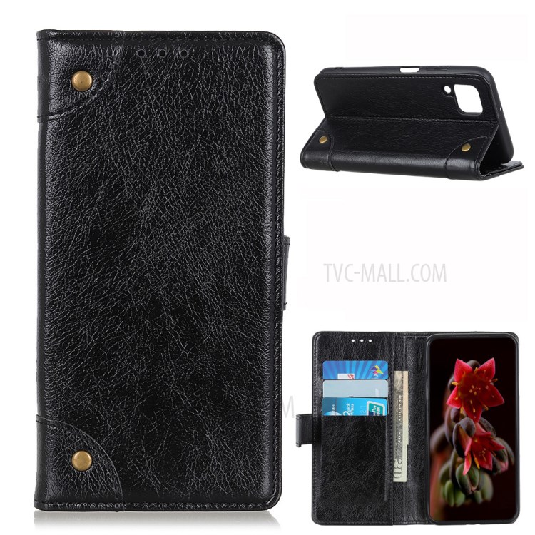 Nappa Texture for Samsung Galaxy A42 5G Brass Button Leather Wallet Phone Casing Cover - Black-1