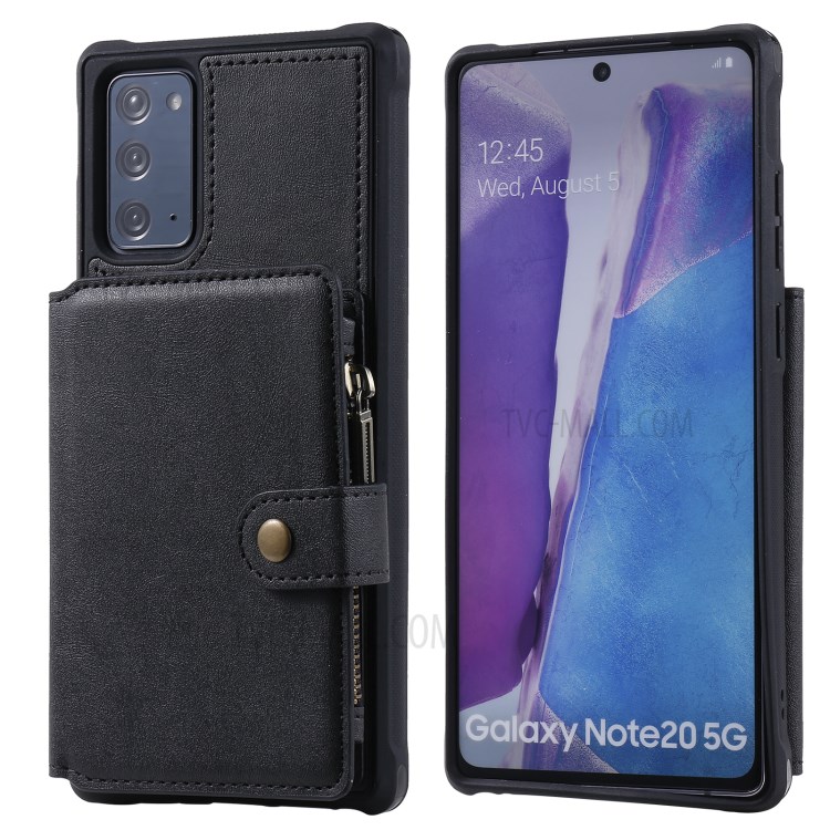 Zipper Pocket Leather Coated TPU Phone Back Case with Kickstand for Samsung Galaxy Note 20 5G / Galaxy Note 20 - Black-1