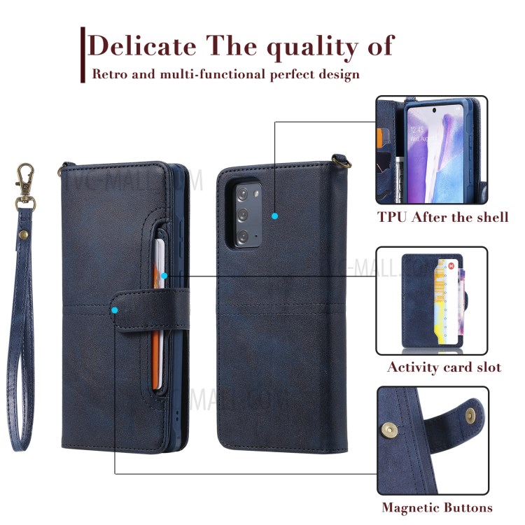 Magnetic Destacleable 2-em-1 Carteira Phone Case Para Samsung Galaxy Nota 20 / Nota 20 5G - Azul-6