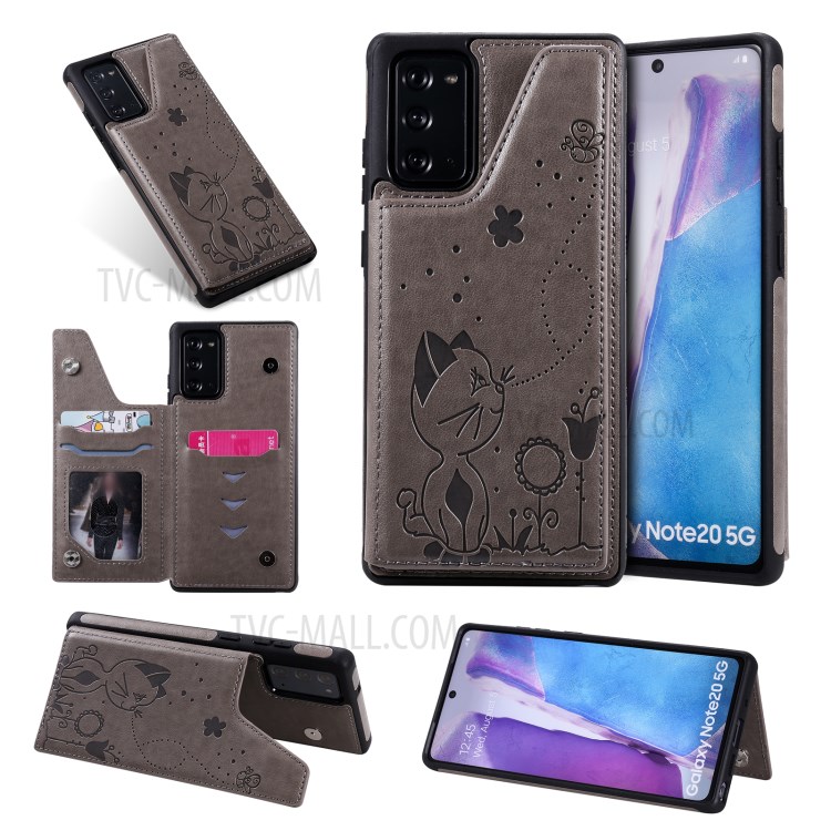Imprint Cat and Bee Leather Coated TPU Kickstand for Samsung Galaxy Note 20/Note 20 5G Card Holder Case - Grey-1
