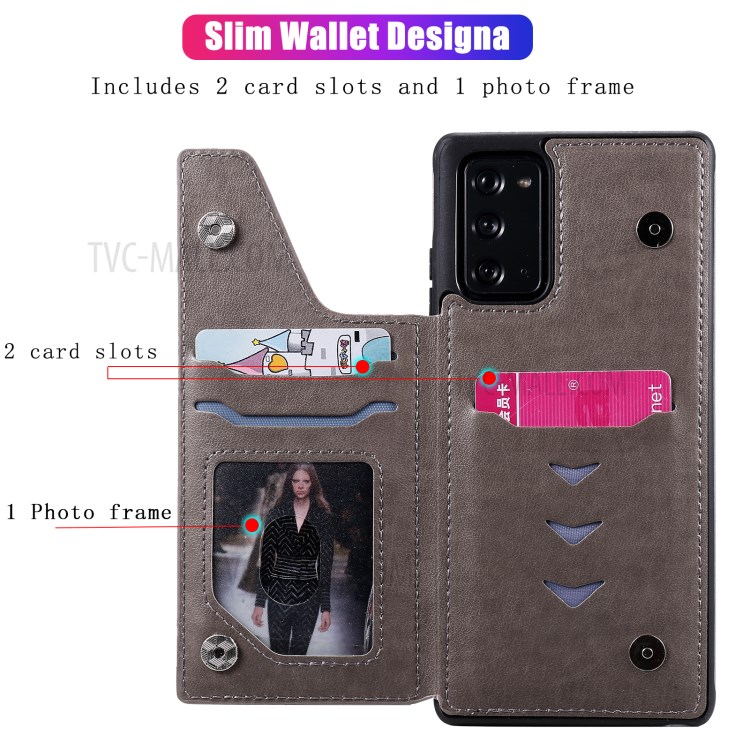 Imprint Cat and Bee Leather Coated TPU Kickstand for Samsung Galaxy Note 20/Note 20 5G Card Holder Case - Grey-11
