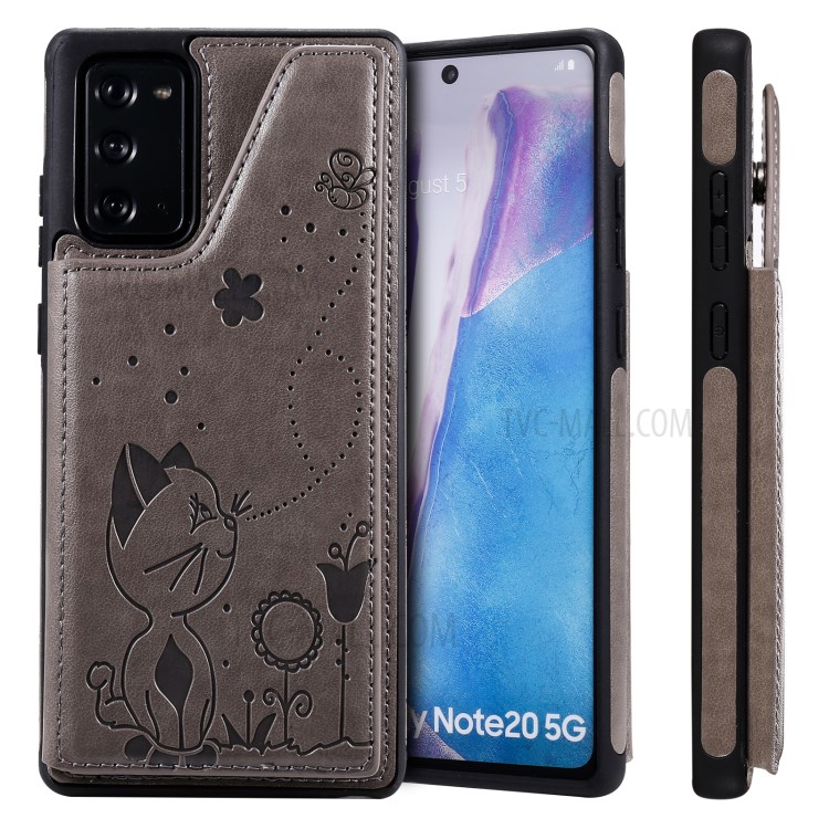 Imprint Cat and Bee Leather Coated TPU Kickstand for Samsung Galaxy Note 20/Note 20 5G Card Holder Case - Grey-12