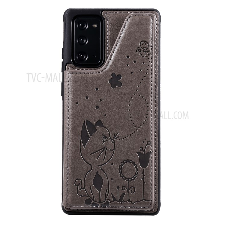 Imprint Cat and Bee Leather Coated TPU Kickstand for Samsung Galaxy Note 20/Note 20 5G Card Holder Case - Grey-13