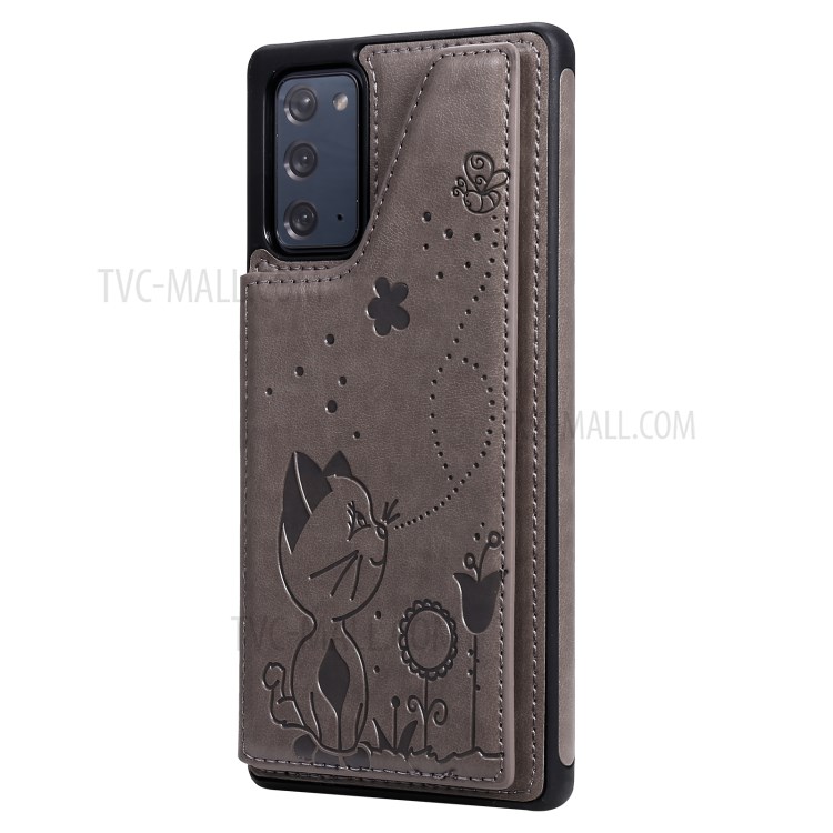 Imprint Cat and Bee Leather Coated TPU Kickstand for Samsung Galaxy Note 20/Note 20 5G Card Holder Case - Grey-14