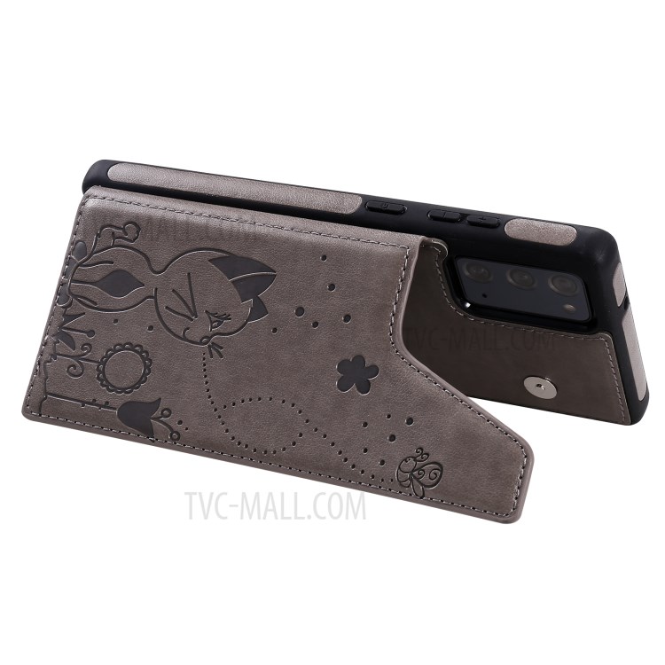 Imprint Cat and Bee Leather Coated TPU Kickstand for Samsung Galaxy Note 20/Note 20 5G Card Holder Case - Grey-16