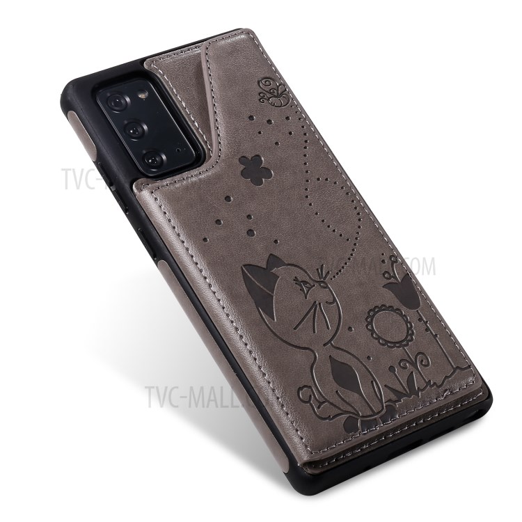 Imprint Cat and Bee Leather Coated TPU Kickstand for Samsung Galaxy Note 20/Note 20 5G Card Holder Case - Grey-18