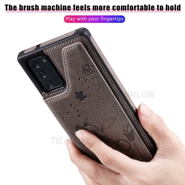 Imprint Cat and Bee Leather Coated TPU Kickstand for Samsung Galaxy Note 20/Note 20 5G Card Holder Case - Grey-2
