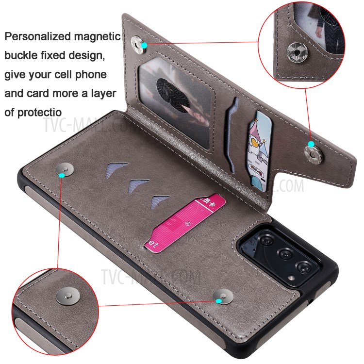 Imprint Cat and Bee Leather Coated TPU Kickstand for Samsung Galaxy Note 20/Note 20 5G Card Holder Case - Grey-4