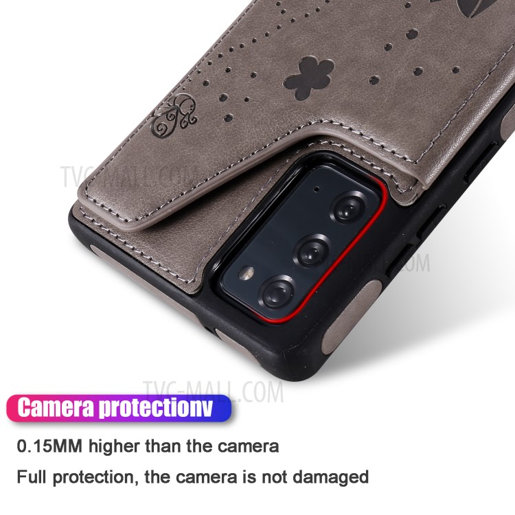 Imprint Cat and Bee Leather Coated TPU Kickstand for Samsung Galaxy Note 20/Note 20 5G Card Holder Case - Grey-6