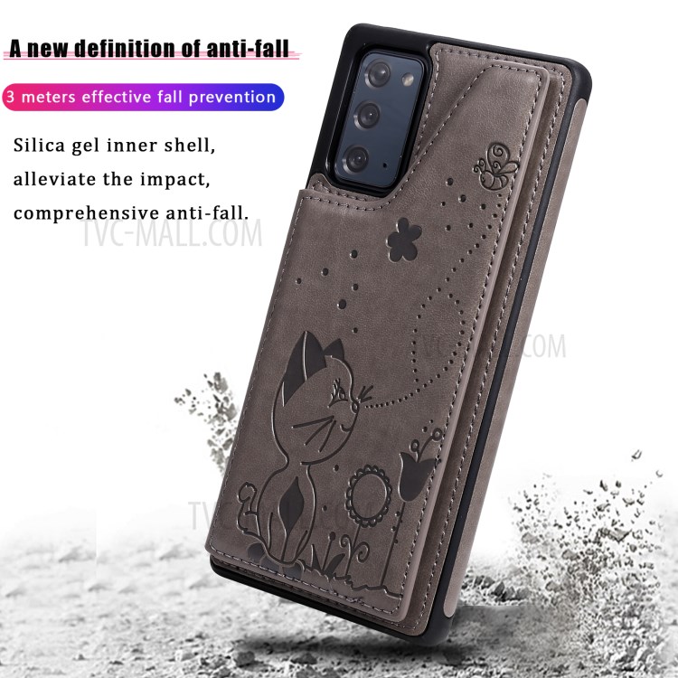 Imprint Cat and Bee Leather Coated TPU Kickstand for Samsung Galaxy Note 20/Note 20 5G Card Holder Case - Grey-8