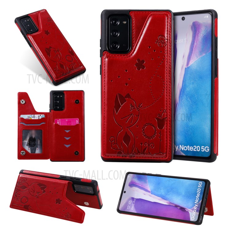 Imprint Cat and Bee Leather Coated TPU Kickstand for Samsung Galaxy Note 20/Note 20 5G Card Holder Case - Red-1