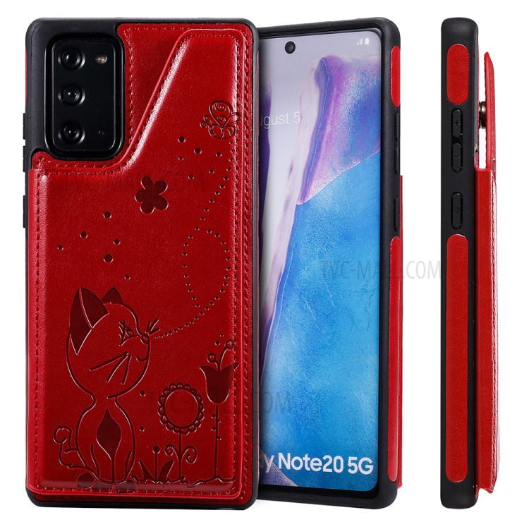 Imprint Cat and Bee Leather Coated TPU Kickstand for Samsung Galaxy Note 20/Note 20 5G Card Holder Case - Red-2