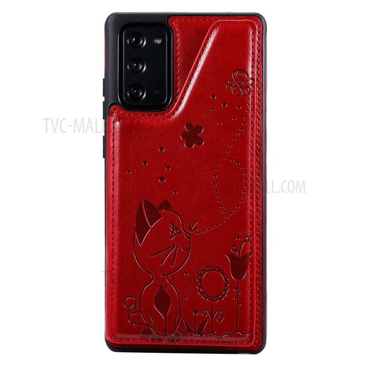 Imprint Cat and Bee Leather Coated TPU Kickstand for Samsung Galaxy Note 20/Note 20 5G Card Holder Case - Red-3