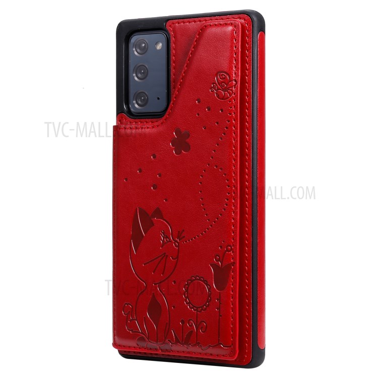 Imprint Cat and Bee Leather Coated TPU Kickstand for Samsung Galaxy Note 20/Note 20 5G Card Holder Case - Red-4