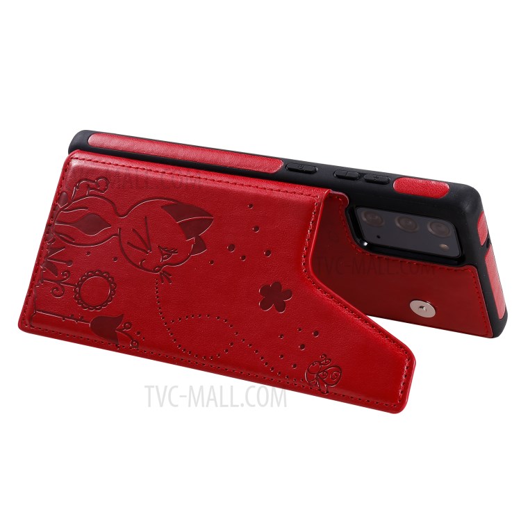 Imprint Cat and Bee Leather Coated TPU Kickstand for Samsung Galaxy Note 20/Note 20 5G Card Holder Case - Red-6