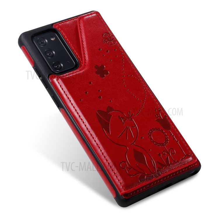 Imprint Cat and Bee Leather Coated TPU Kickstand for Samsung Galaxy Note 20/Note 20 5G Card Holder Case - Red-8