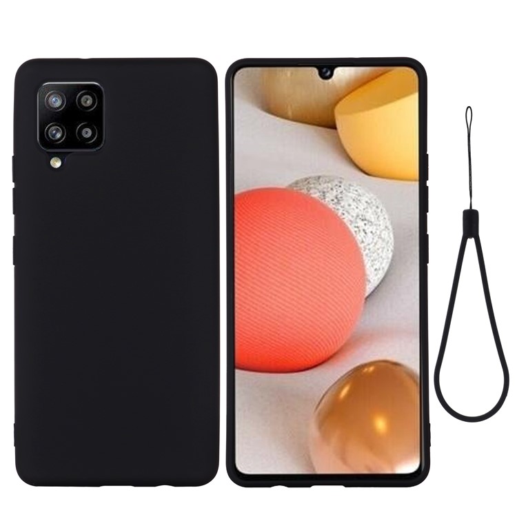 Liquid Silicone Soft Phone Cover with Strap for Samsung Galaxy A42 5G - Black-1