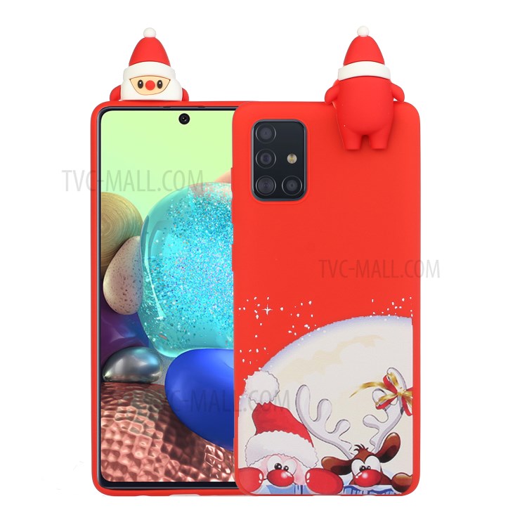 3D Christmas Doll Decor + Christmas Pattern Printing TPU Phone Cover Case for Samsung Galaxy A71 SM-A715 - Red Nose Santa and Moose-1