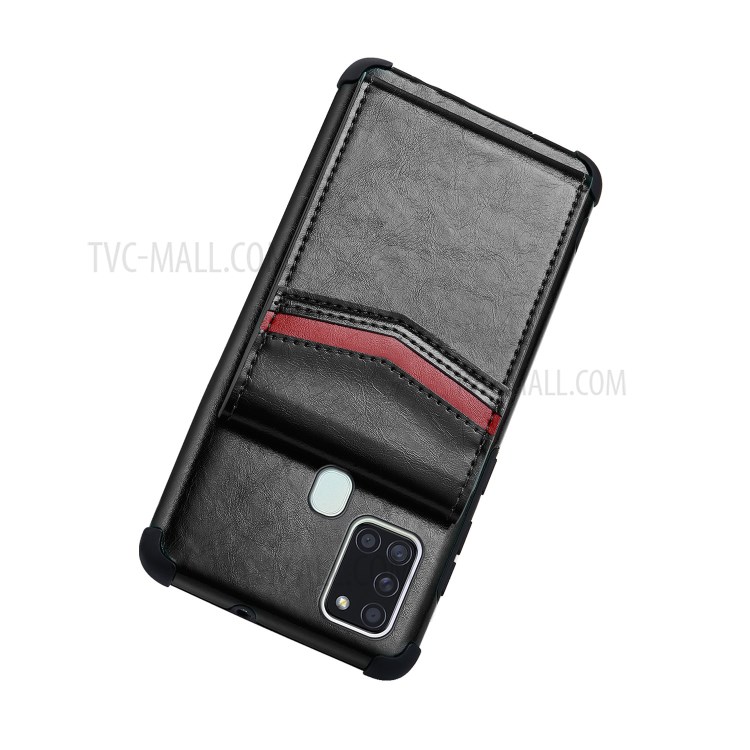 Caso Do Telefone Revestido De Couro Do Pára-choque À Prova Drop Com Slots Do Cartão Externo Para Samsung Galaxy A21s - Preto-4